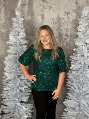 Frosty Morning Sequin Shift Top - Evergreen (Small - 3X)