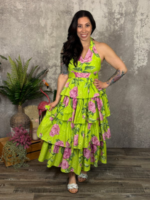 Lime Tiered Ruffle Halter Dress
