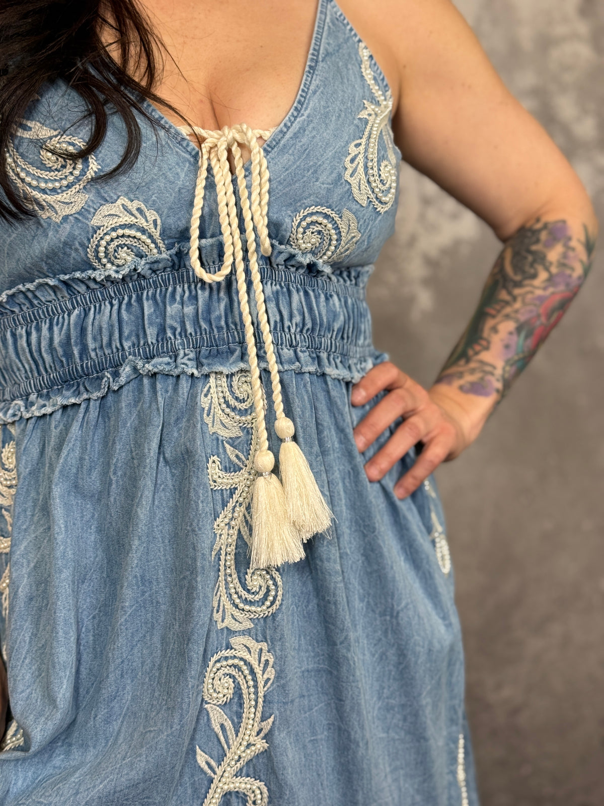 Denim Beaded Embroidered Dress