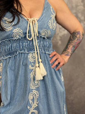 Denim Beaded Embroidered Dress