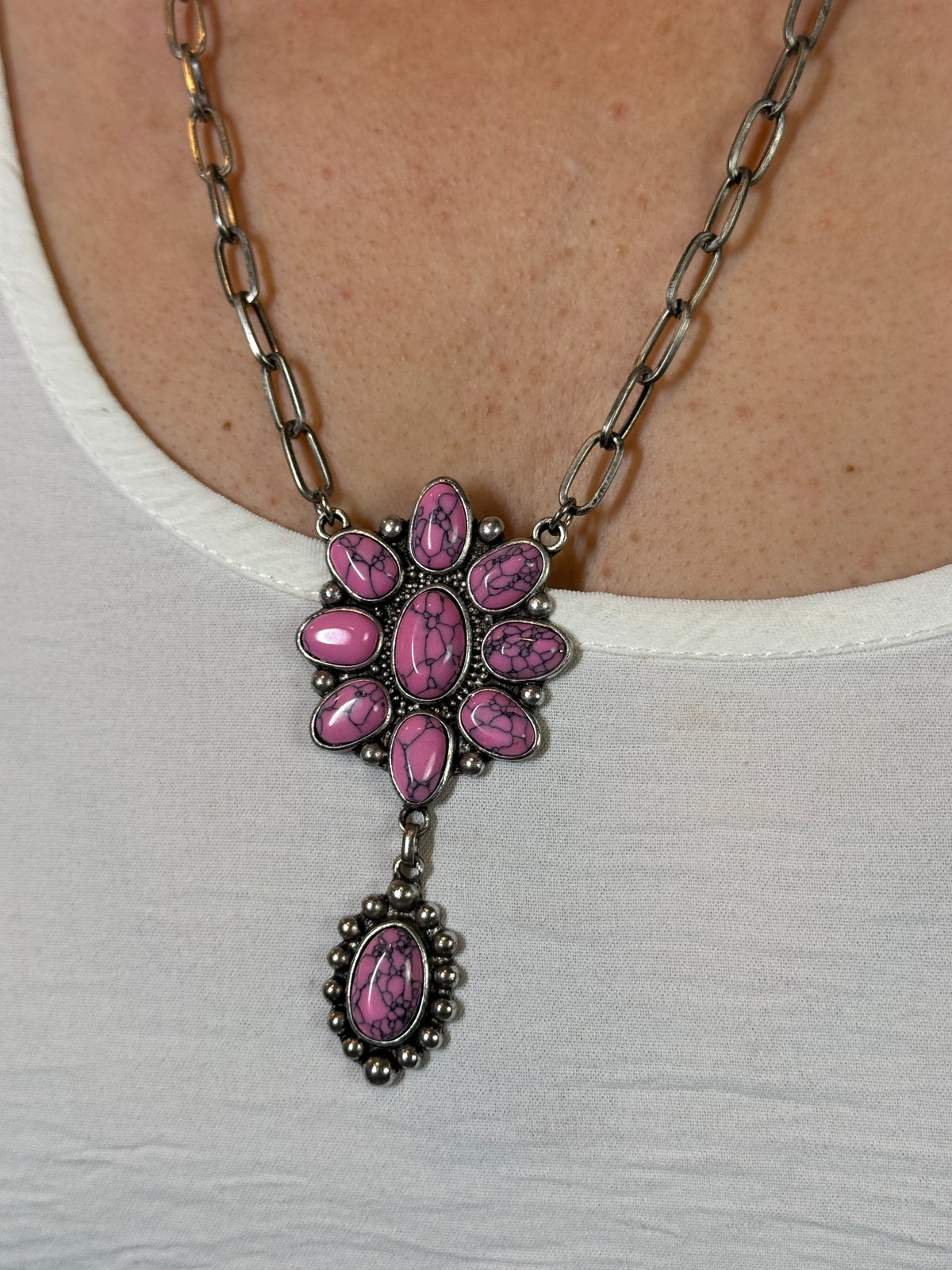 Turquoise Paperclip Squash Necklace - Pink