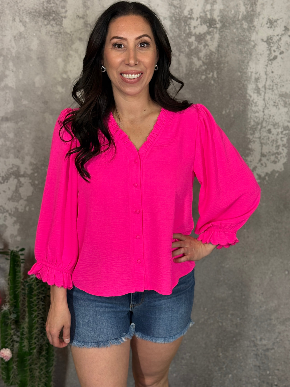 Hot Pink Micro Ruffle with Scalloped Sleeve Top