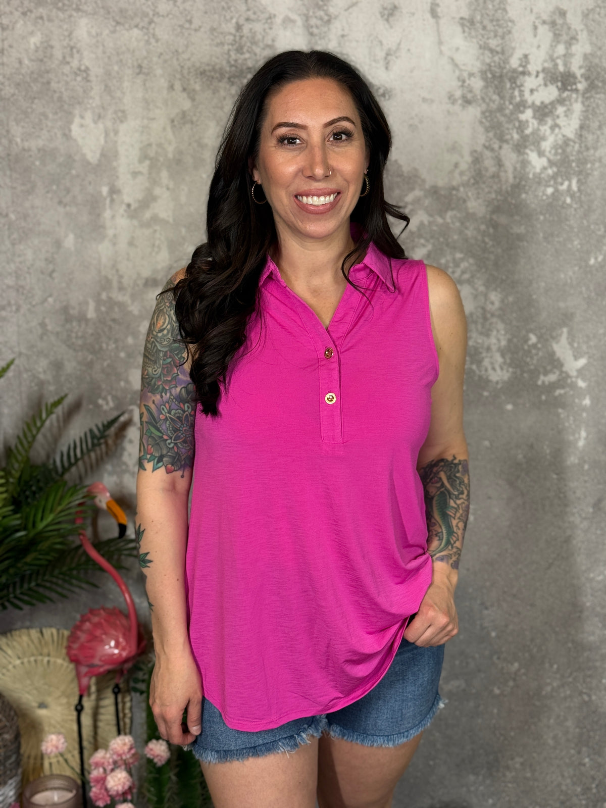 The Wrinkle Free Collared Tank with Button Detail  - Fuschia (Small - 3X)