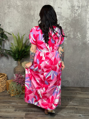 Waist Tie Pink and Puple Floral Maxi Dress  (Small - 3X)