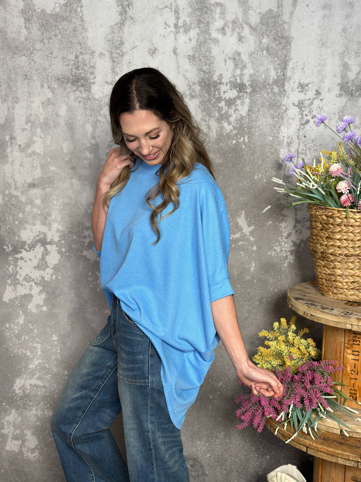 Short Sleeve Waffle Top - Sky Blue (Small - 3X)