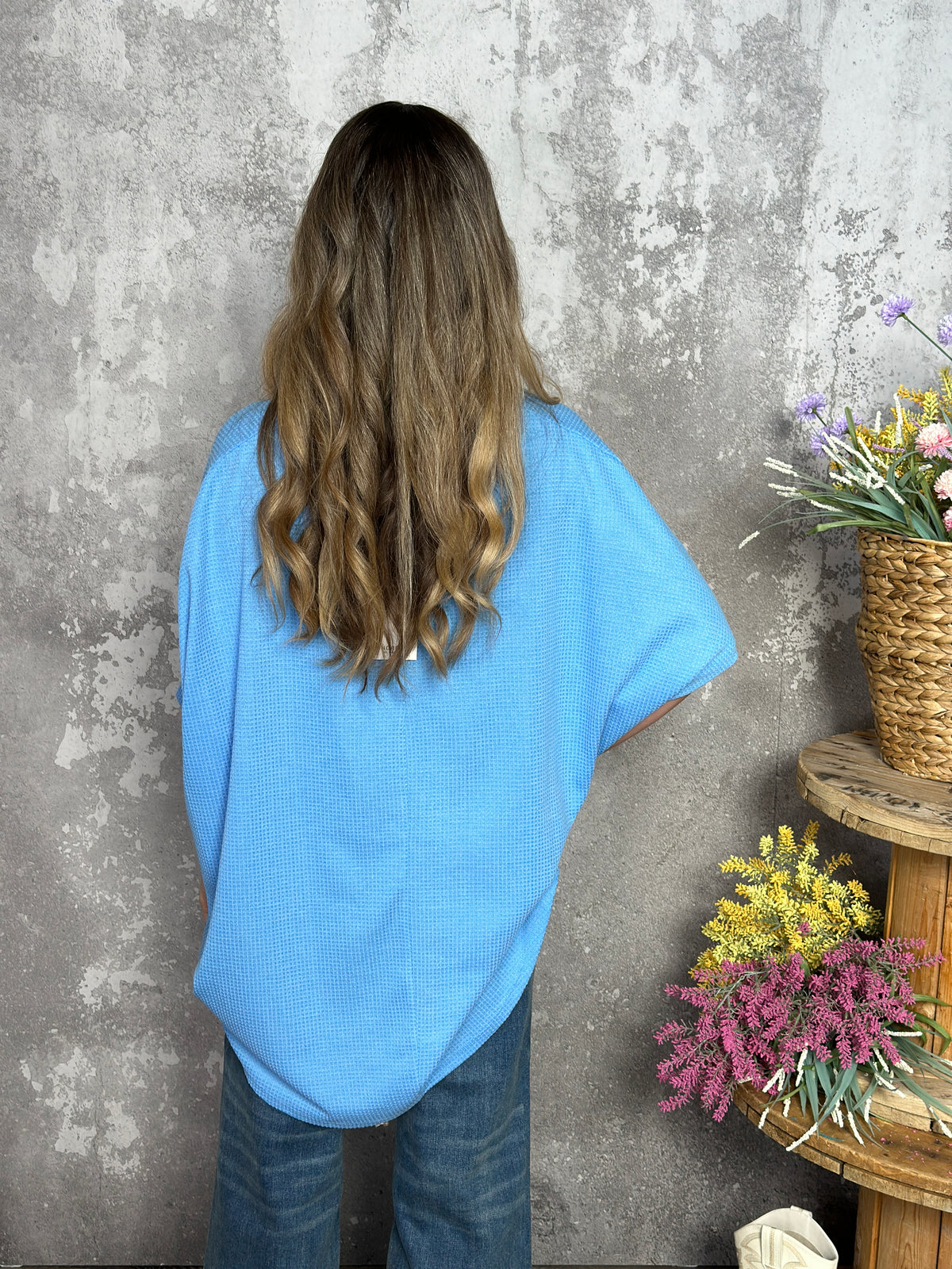 Short Sleeve Waffle Top - Sky Blue (Small - 3X)