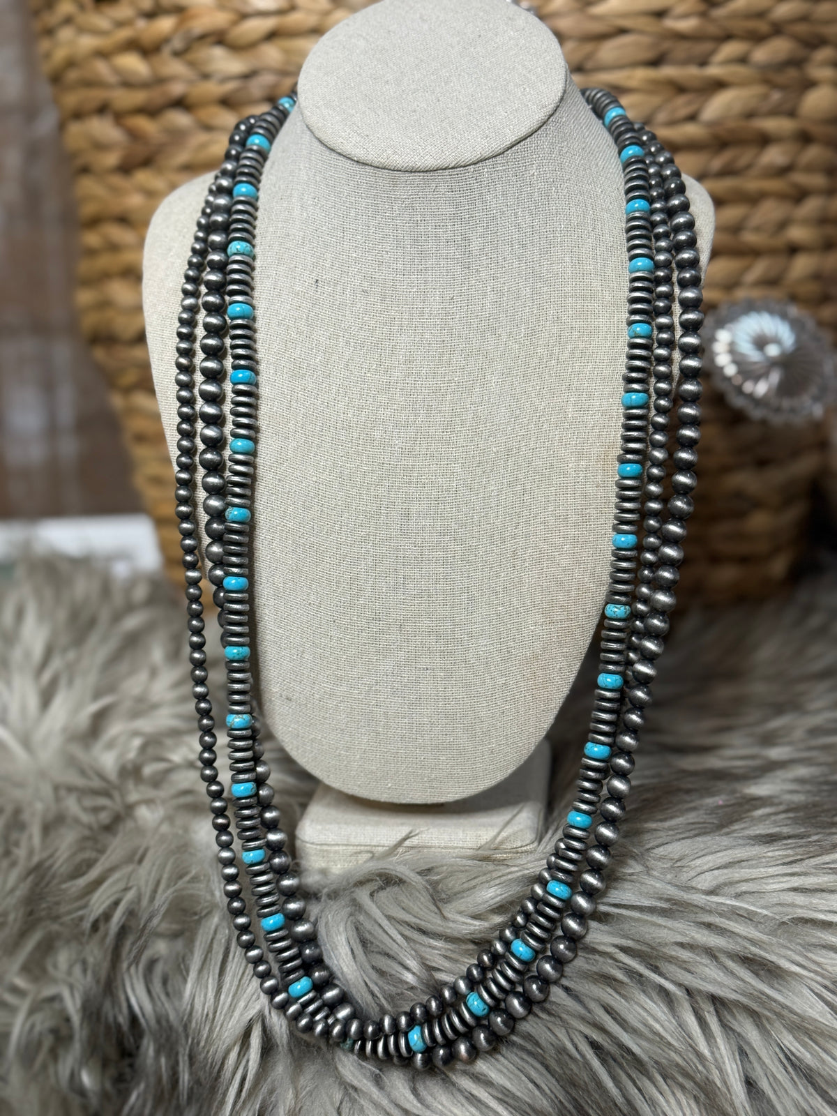 3 Strand Faux Pearl and Turquoise Necklace