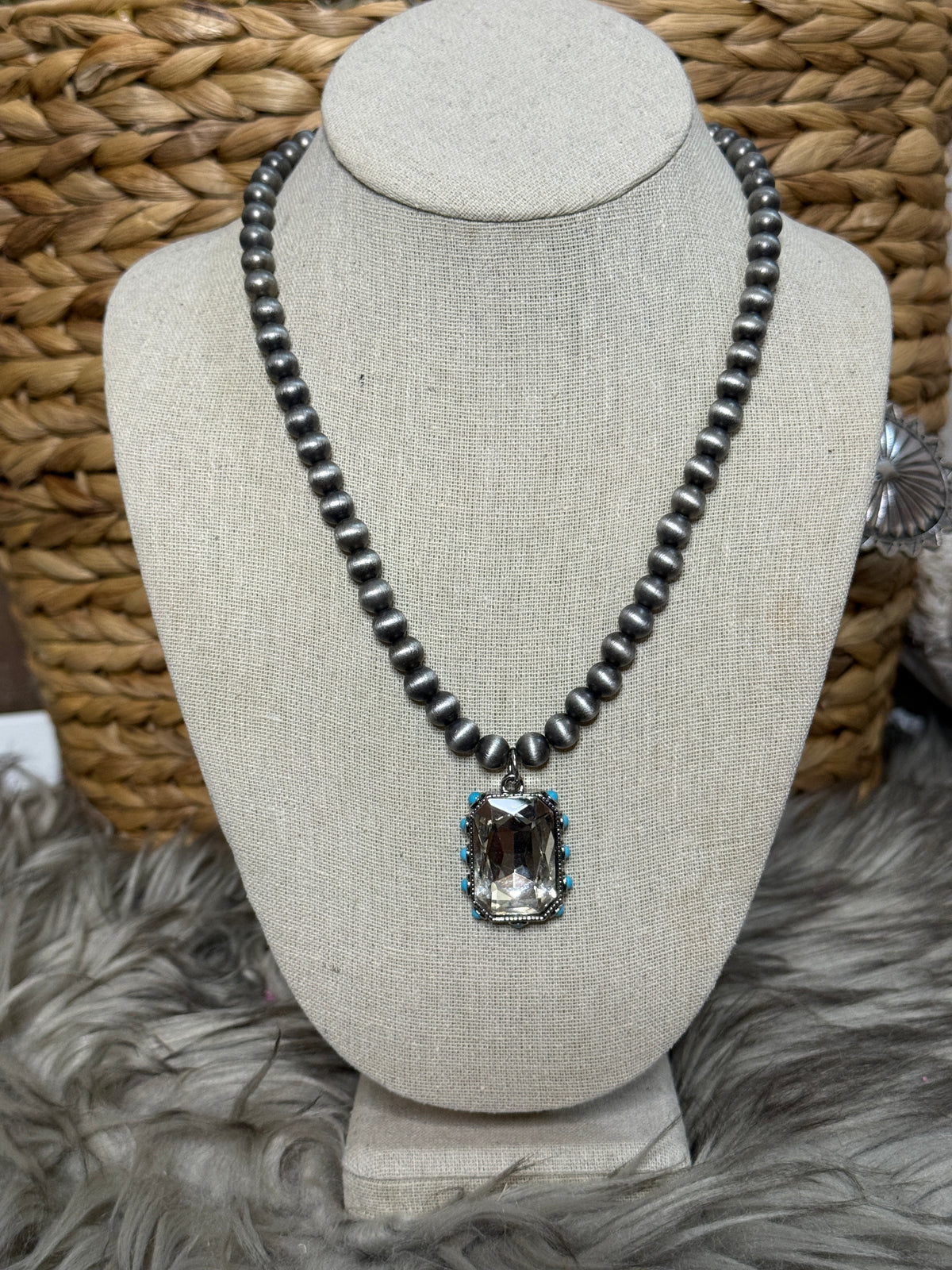 Faux Pearl Necklace with Clear Gem and Turquoise Accent