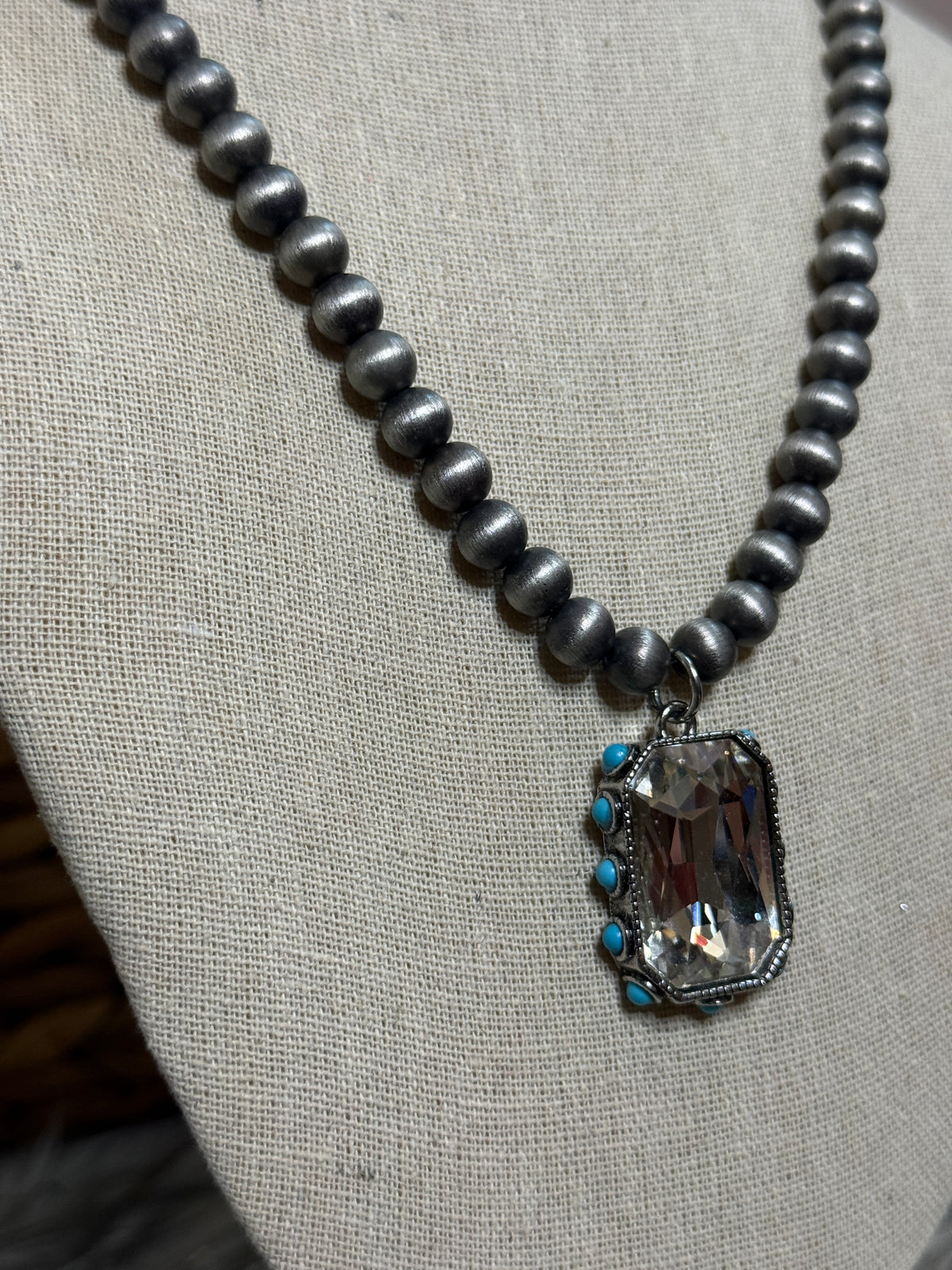 Faux Pearl Necklace with Clear Gem and Turquoise Accent