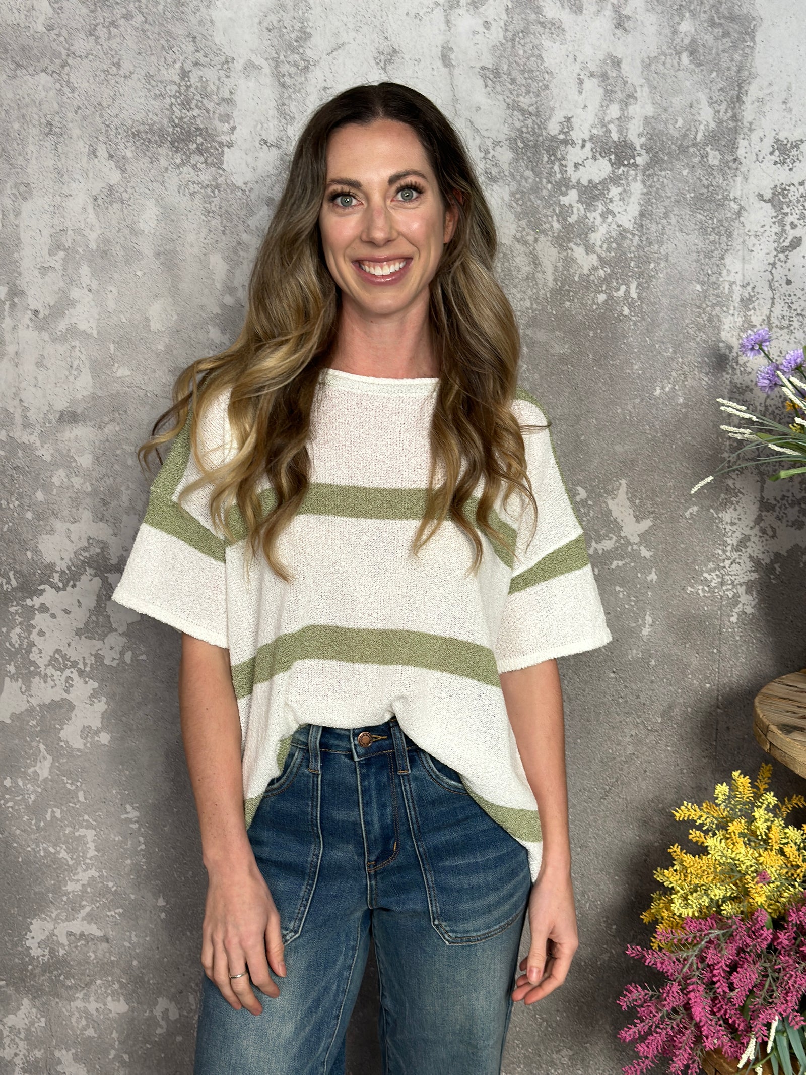 Short Sleeve Olive and White Stripe Sweater (Small - 3X)