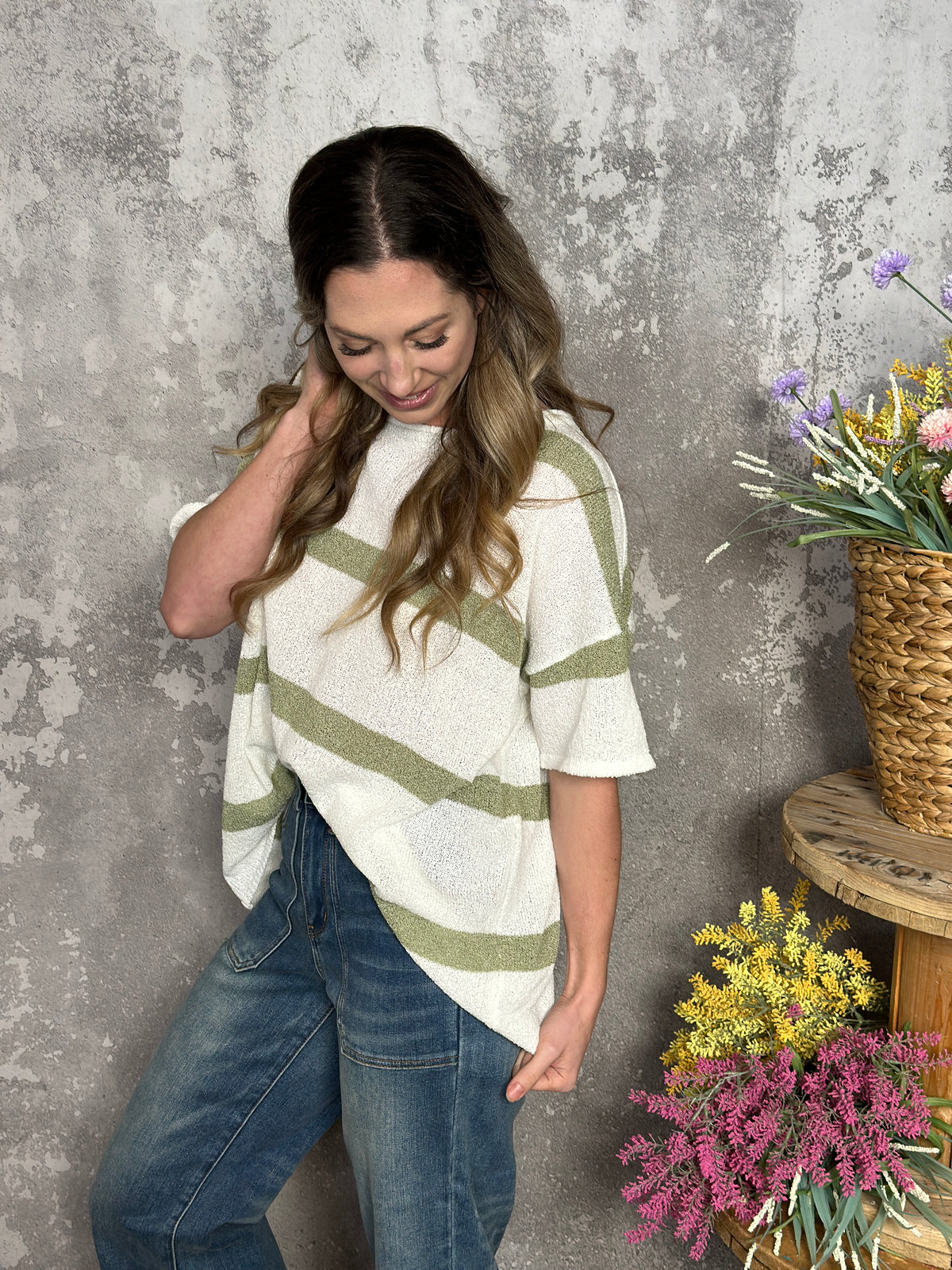 Short Sleeve Olive and White Stripe Sweater (Small - 3X)