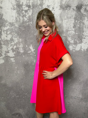 Pink/Red Button Collared Dress (LARGE LEFT)