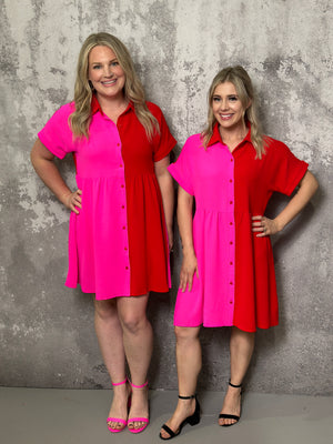 Pink/Red Button Collared Dress (LARGE LEFT)