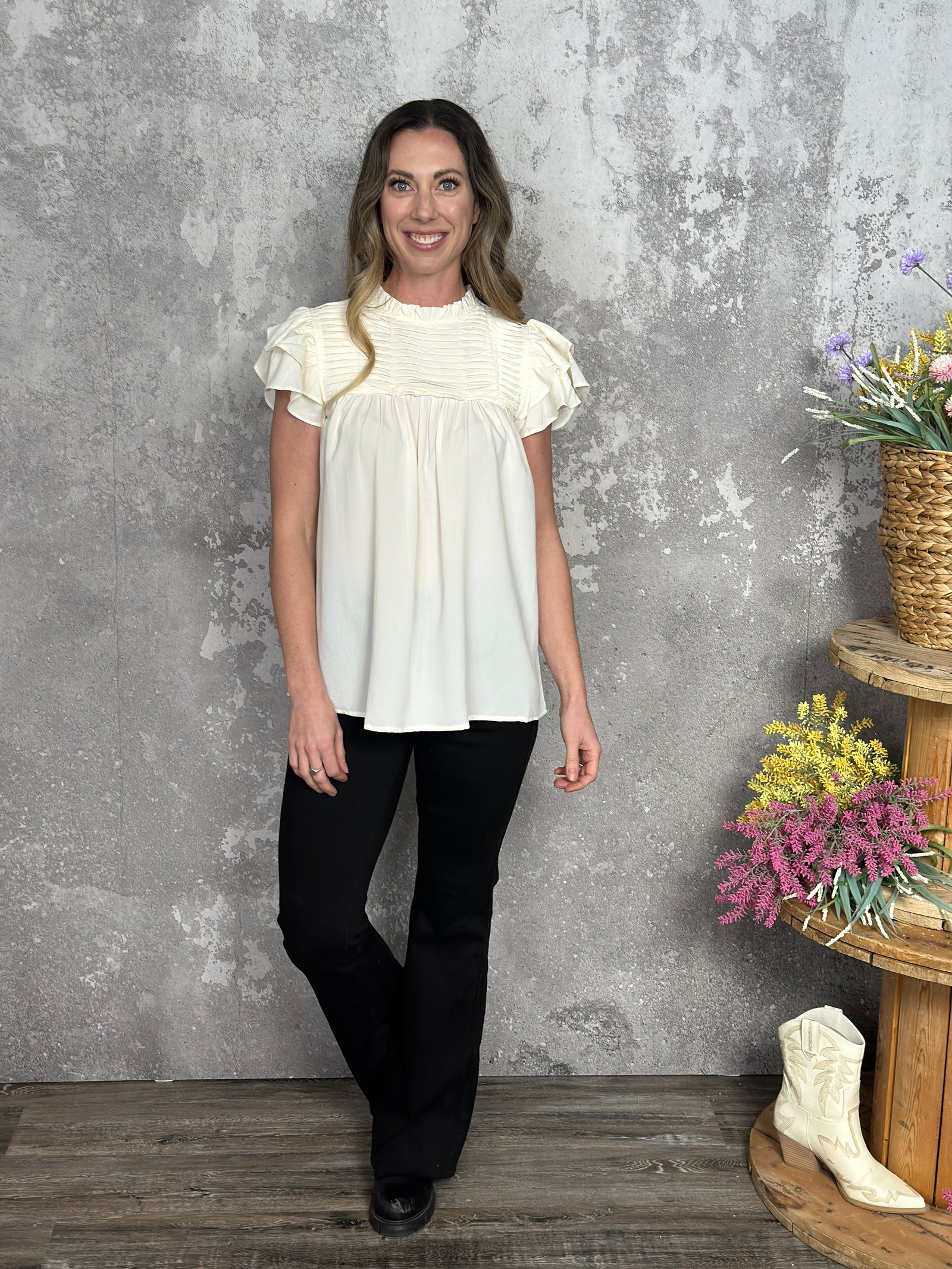 Ecru Pleated Ruffle Top  (Small - 2X) - FINAL SALE