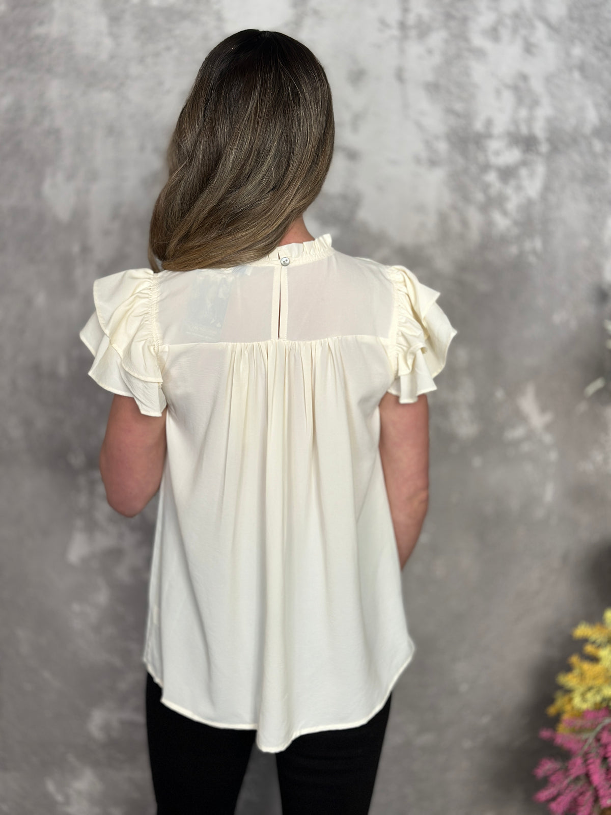Ecru Pleated Ruffle Top  (Small - 2X) - FINAL SALE