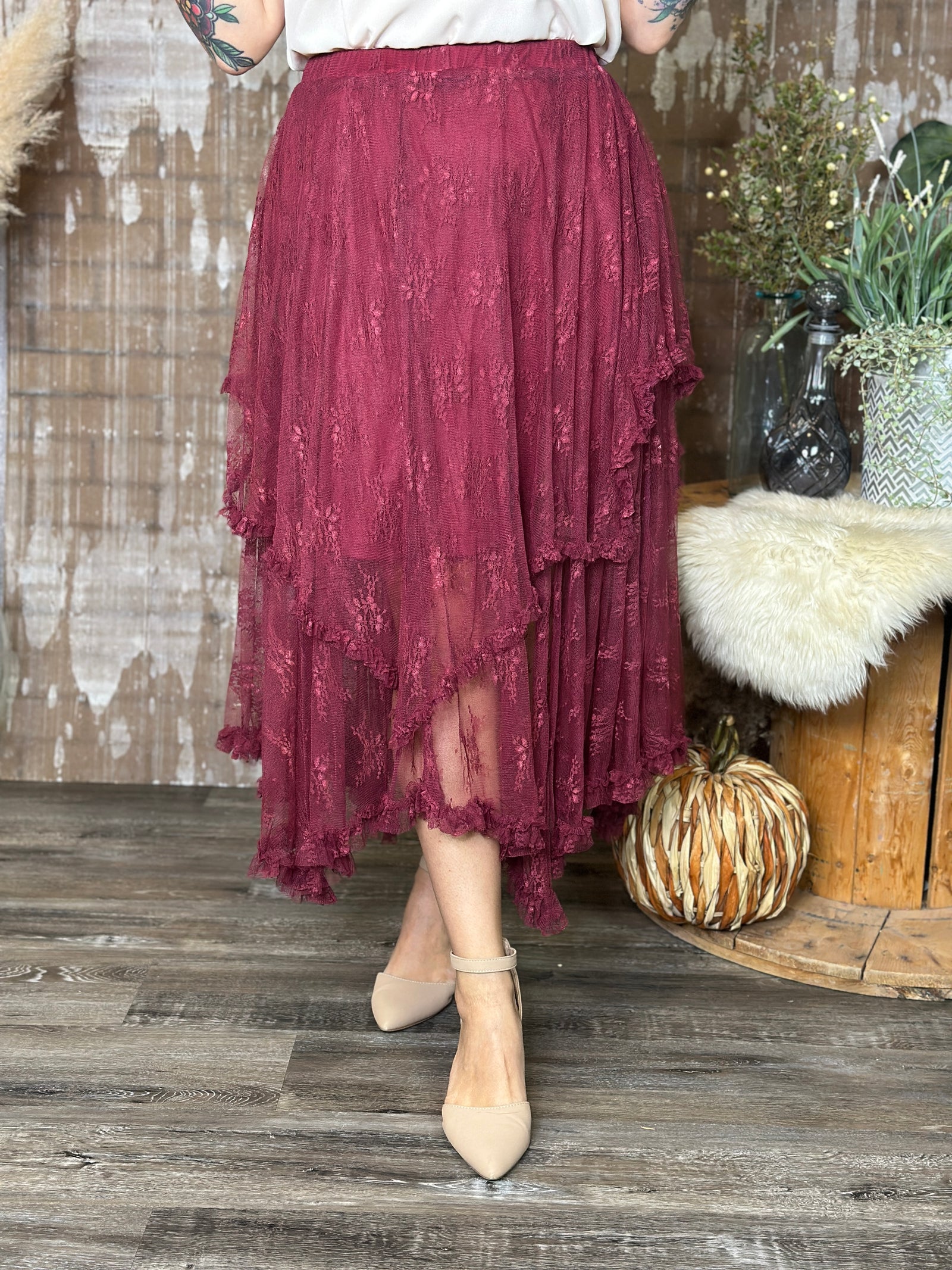 Burgundy Lace Asymmetric Skirt