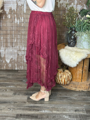 Burgundy Lace Asymmetric Skirt