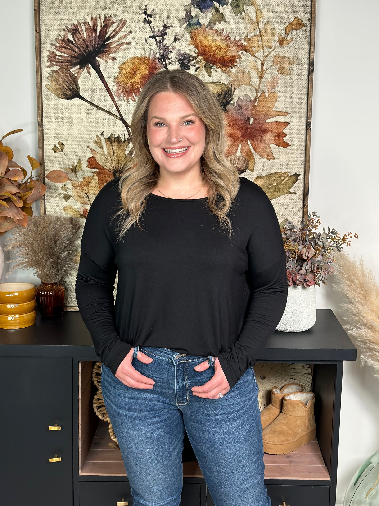 Bamboo Drop Shoulder Basic Long Sleeve - Black  (Small - 2X) - FINAL SALE