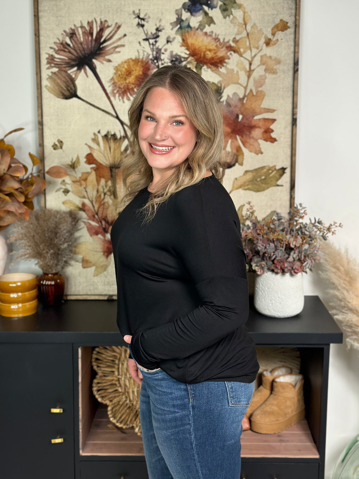 Bamboo Drop Shoulder Basic Long Sleeve - Black  (Small - 2X) - FINAL SALE