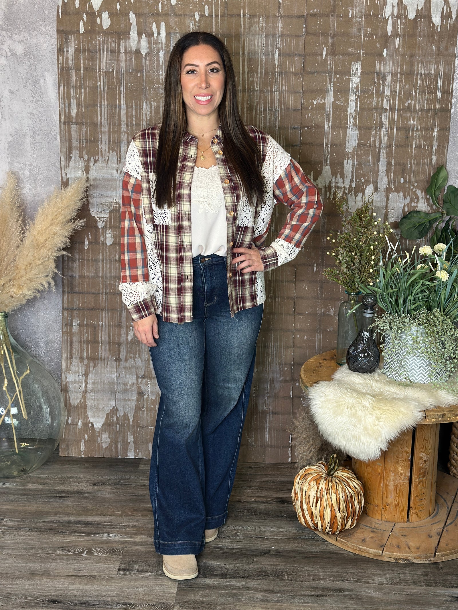 Plaid/Lace Button Up Top with Collar (Small - 3X)