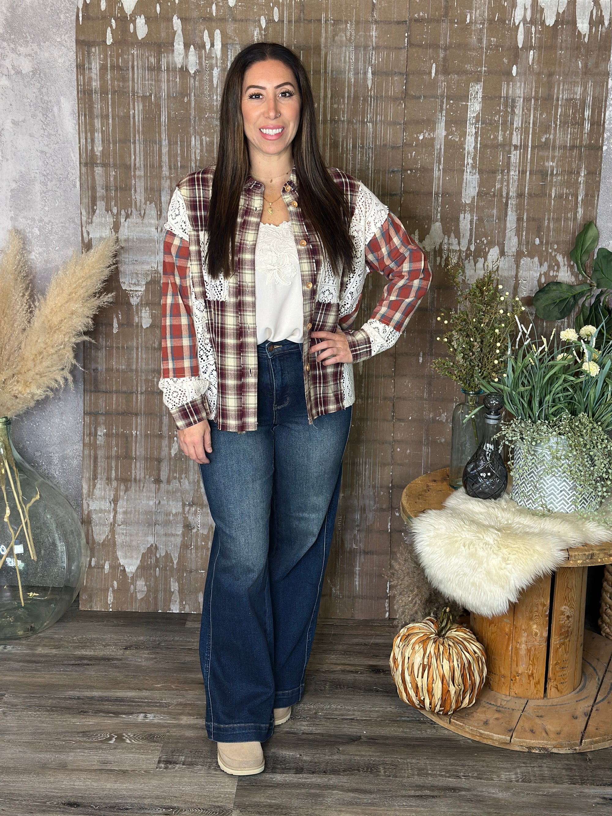 Plaid/Lace Button Up Top with Collar (Small - 3X)