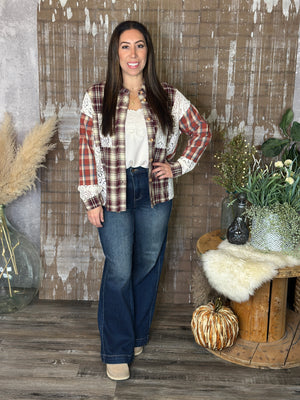 Plaid/Lace Button Up Top with Collar (Small - 3X)