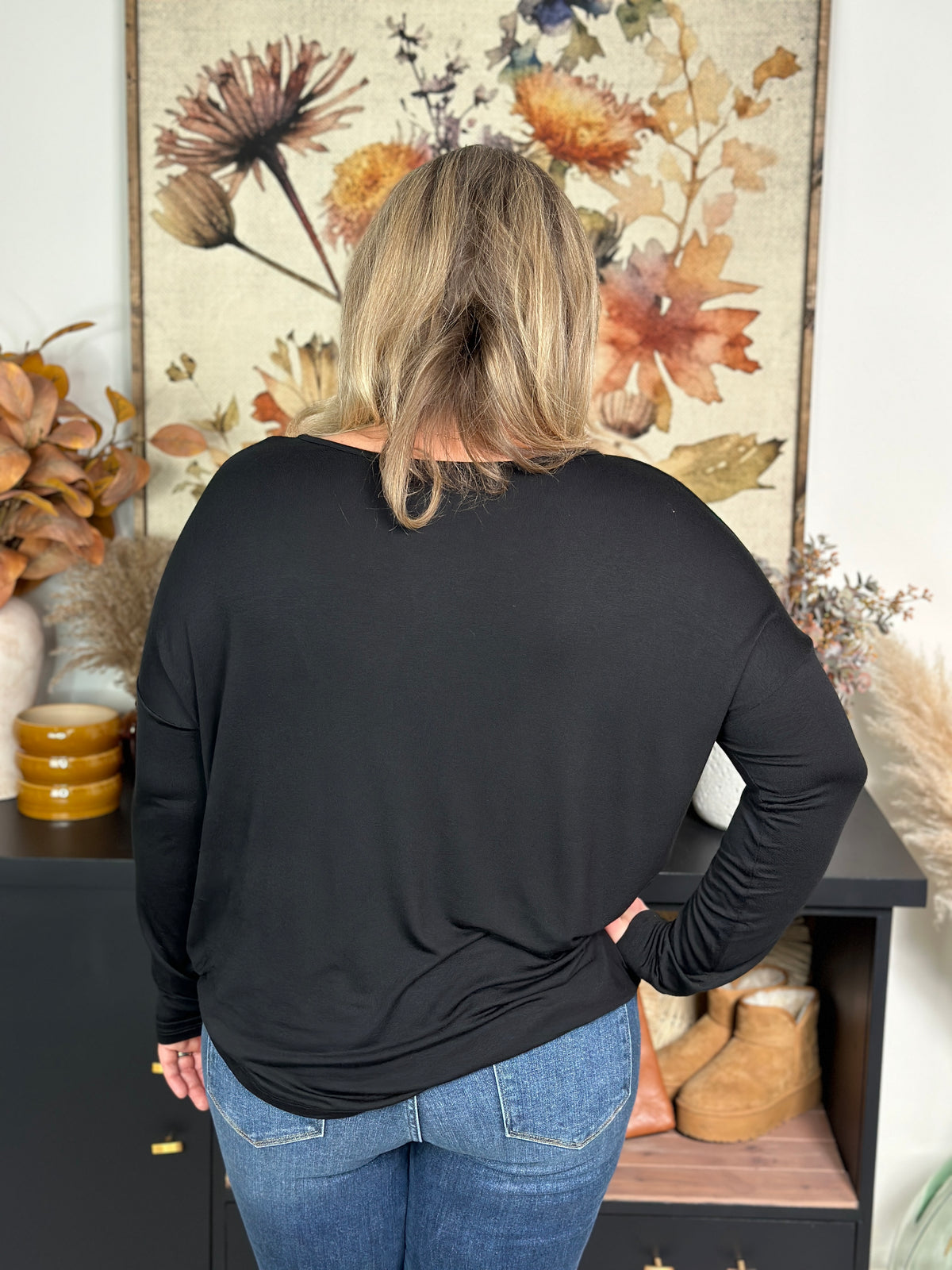 Bamboo Drop Shoulder Basic Long Sleeve - Black  (Small - 2X) - FINAL SALE