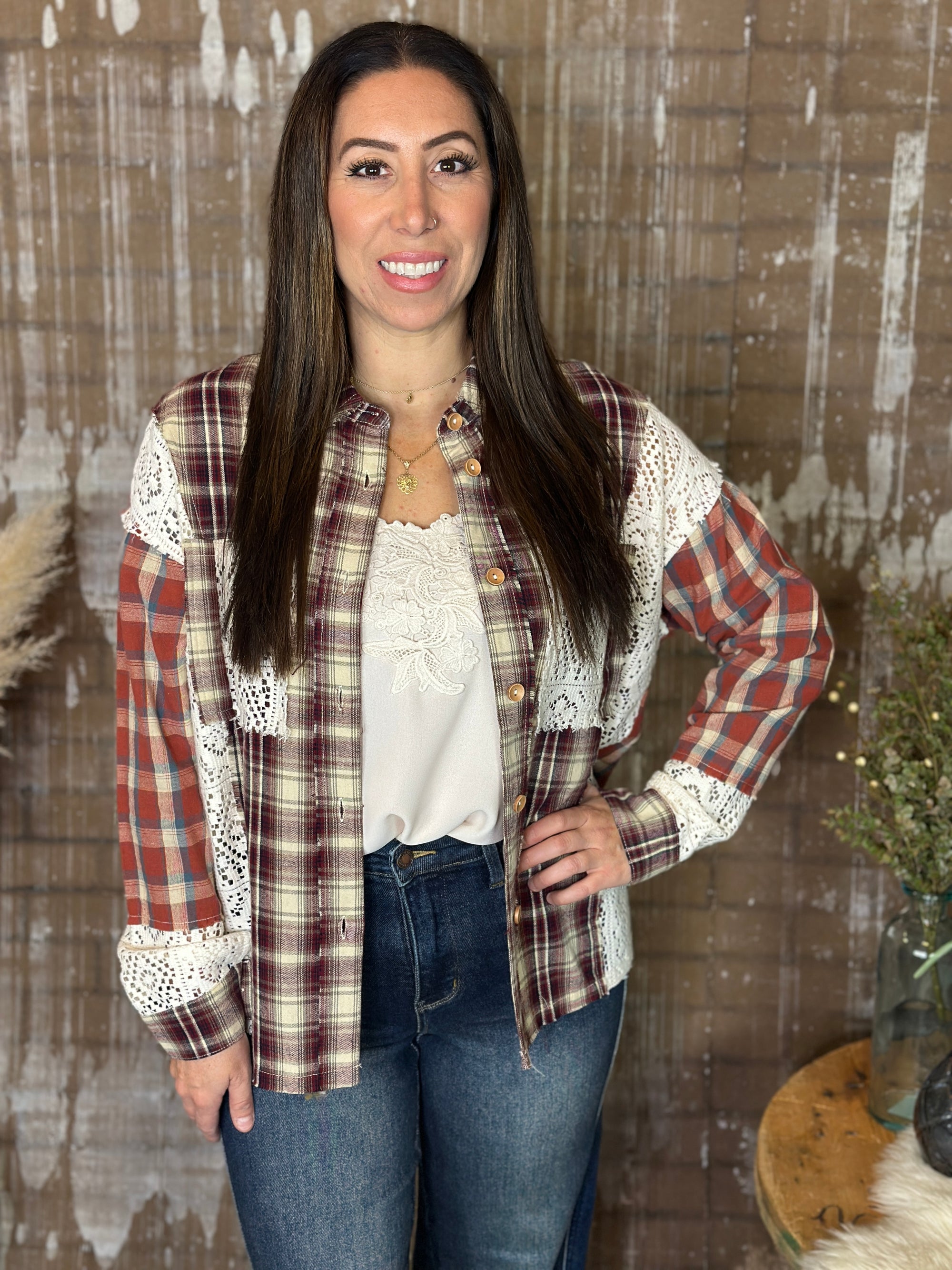 Plaid/Lace Button Up Top with Collar (Small - 3X)