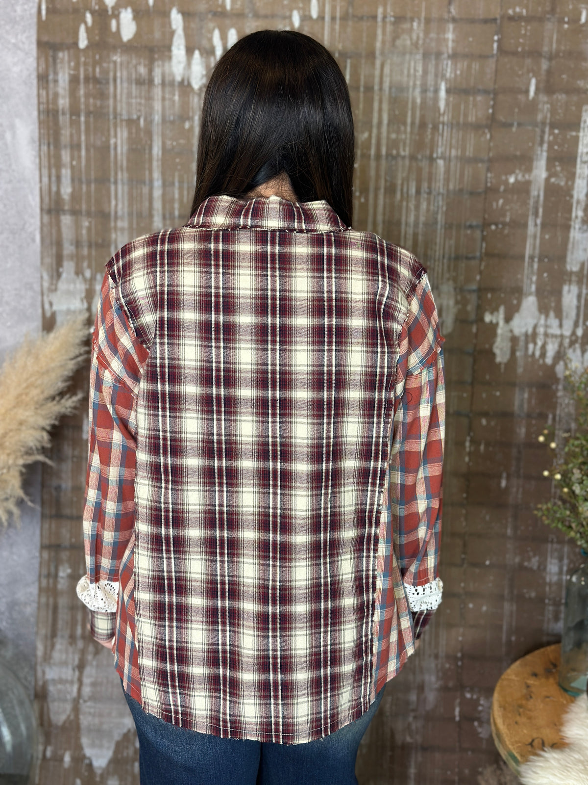 Plaid/Lace Button Up Top with Collar (Small - 3X)