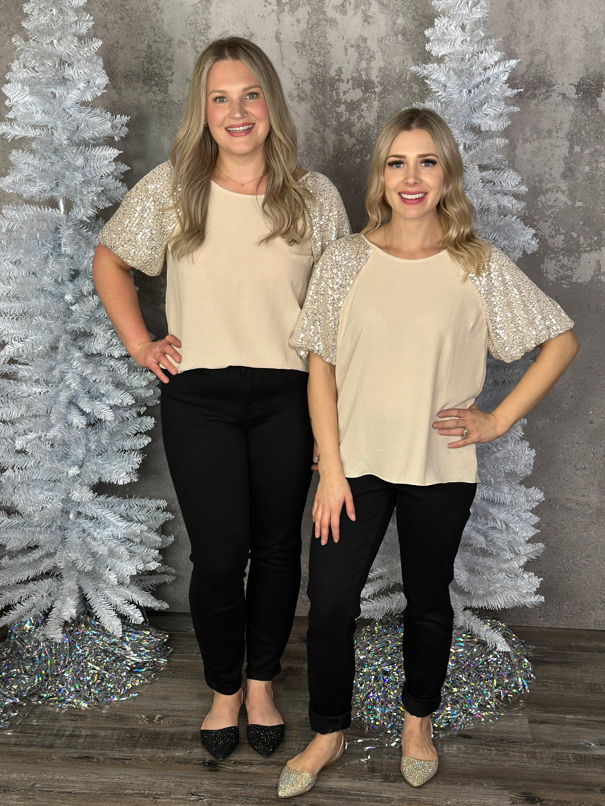 Sequin Sleeve Stella Top - Ivory (Small - 3X)