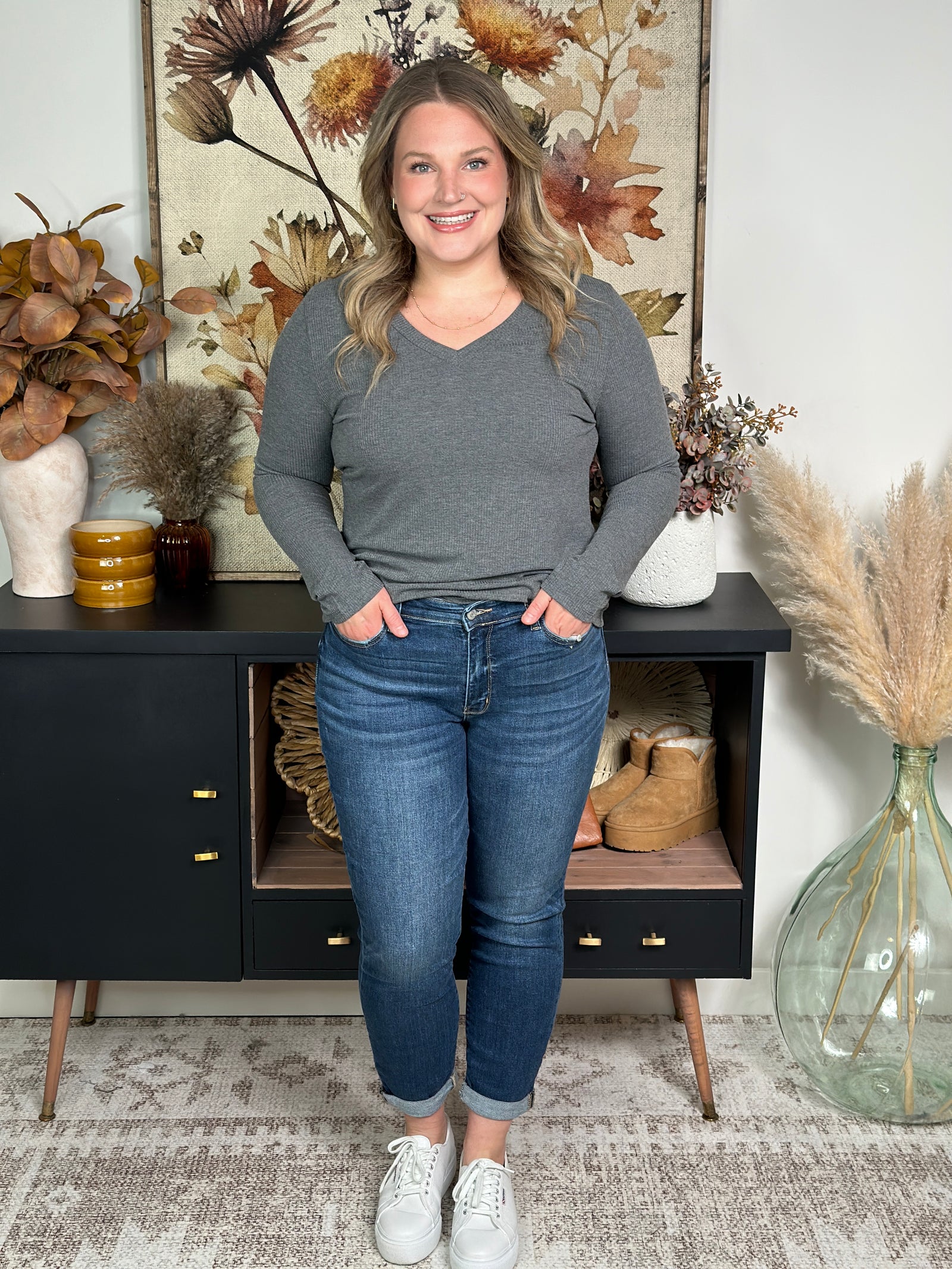 Meelah Long Sleeve Basic Vneck - Charcoal - FINAL SALE