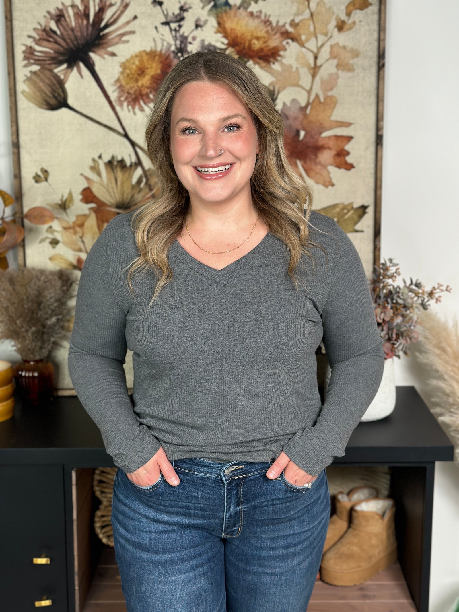 Meelah Long Sleeve Basic Vneck - Charcoal - FINAL SALE