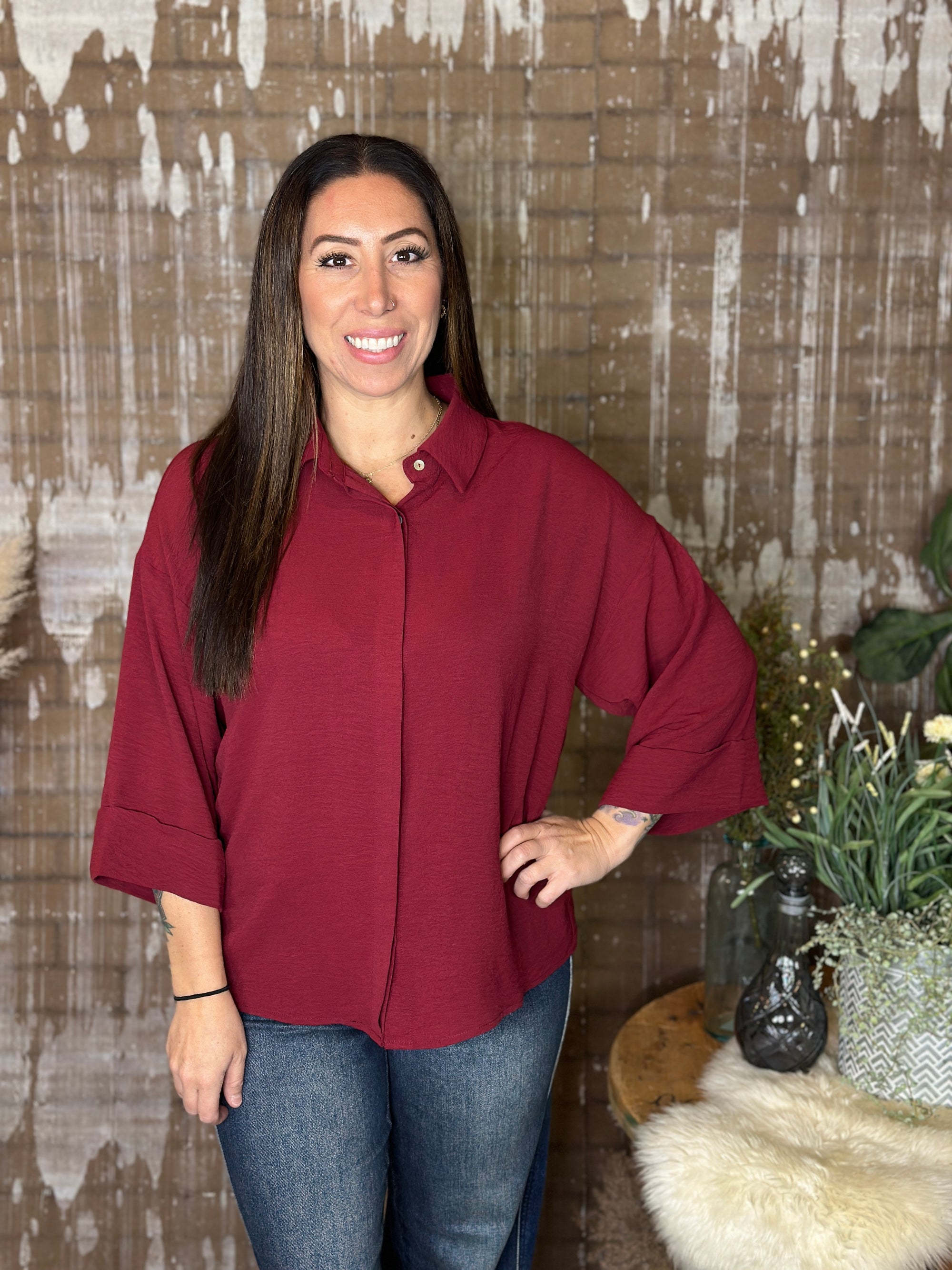 Wide 3/4 Sleeve Airflow Top  - Burgundy