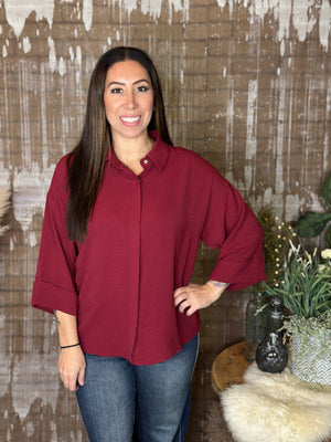 Wide 3/4 Sleeve Airflow Top  - Burgundy