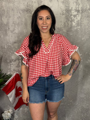 Red Plaid Short Sleeve Top with Lace Ruffle Sleeve (Small - 2X)