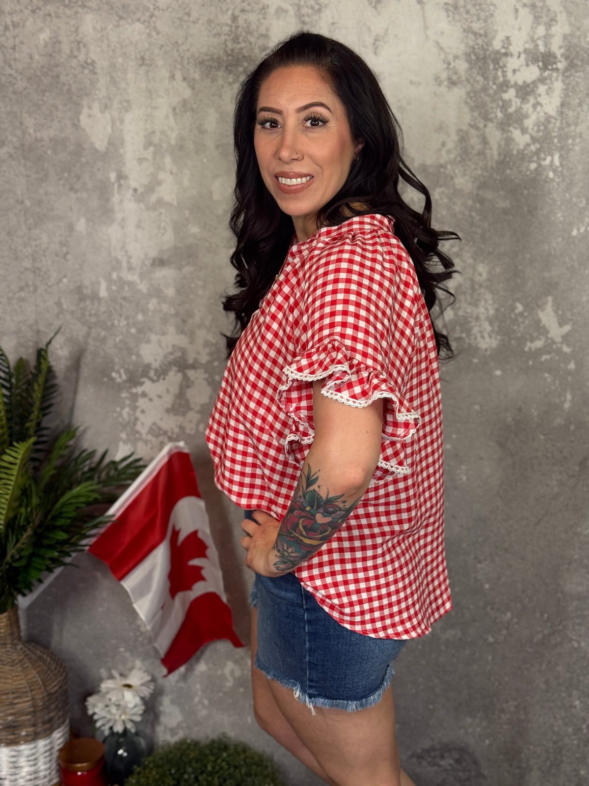 Red Plaid Short Sleeve Top with Lace Ruffle Sleeve (Small - 2X)