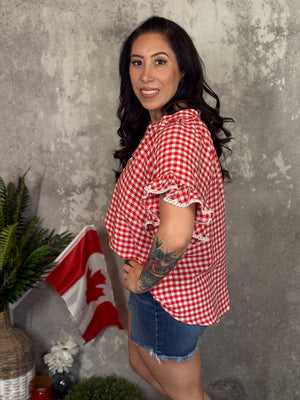 Red Plaid Short Sleeve Top with Lace Ruffle Sleeve (Small - 2X)
