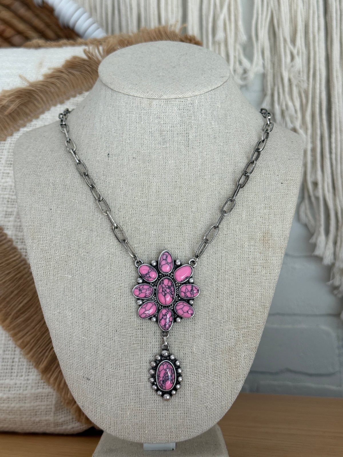 Turquoise Paperclip Squash Necklace - Pink