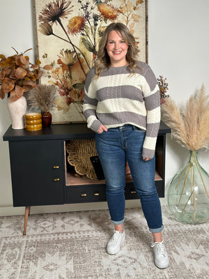Lightweight Cable Stripe Sweater - Grey/Ivory - FINAL SALE