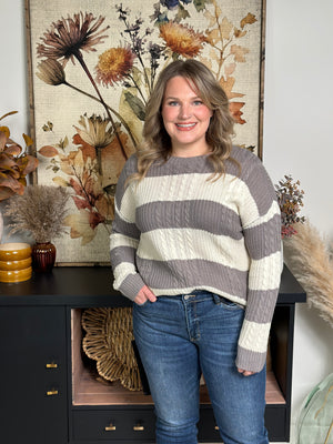 Lightweight Cable Stripe Sweater - Grey/Ivory - FINAL SALE