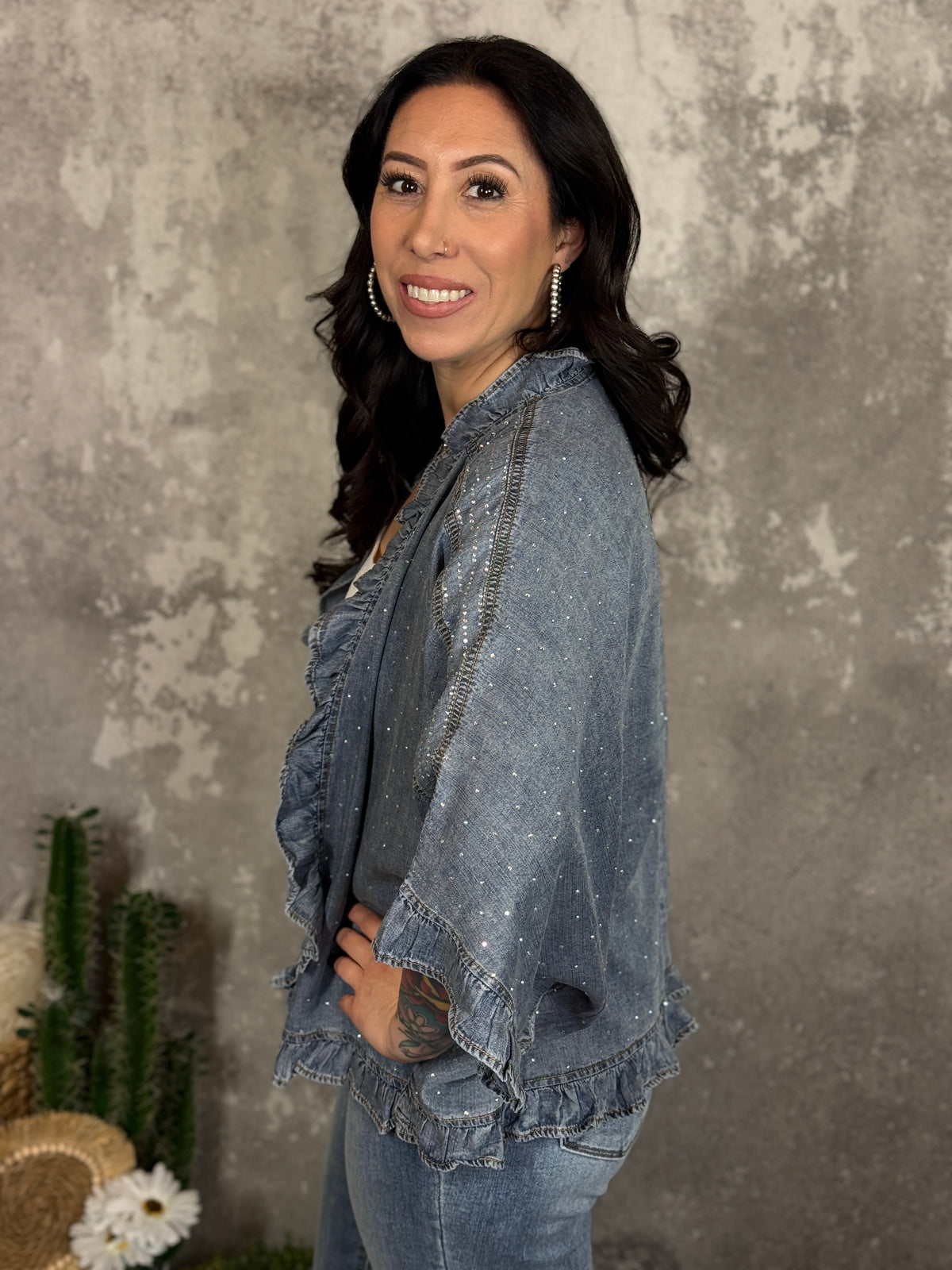 Short Rhinestone Ruffle Kimono (Small - 2X)