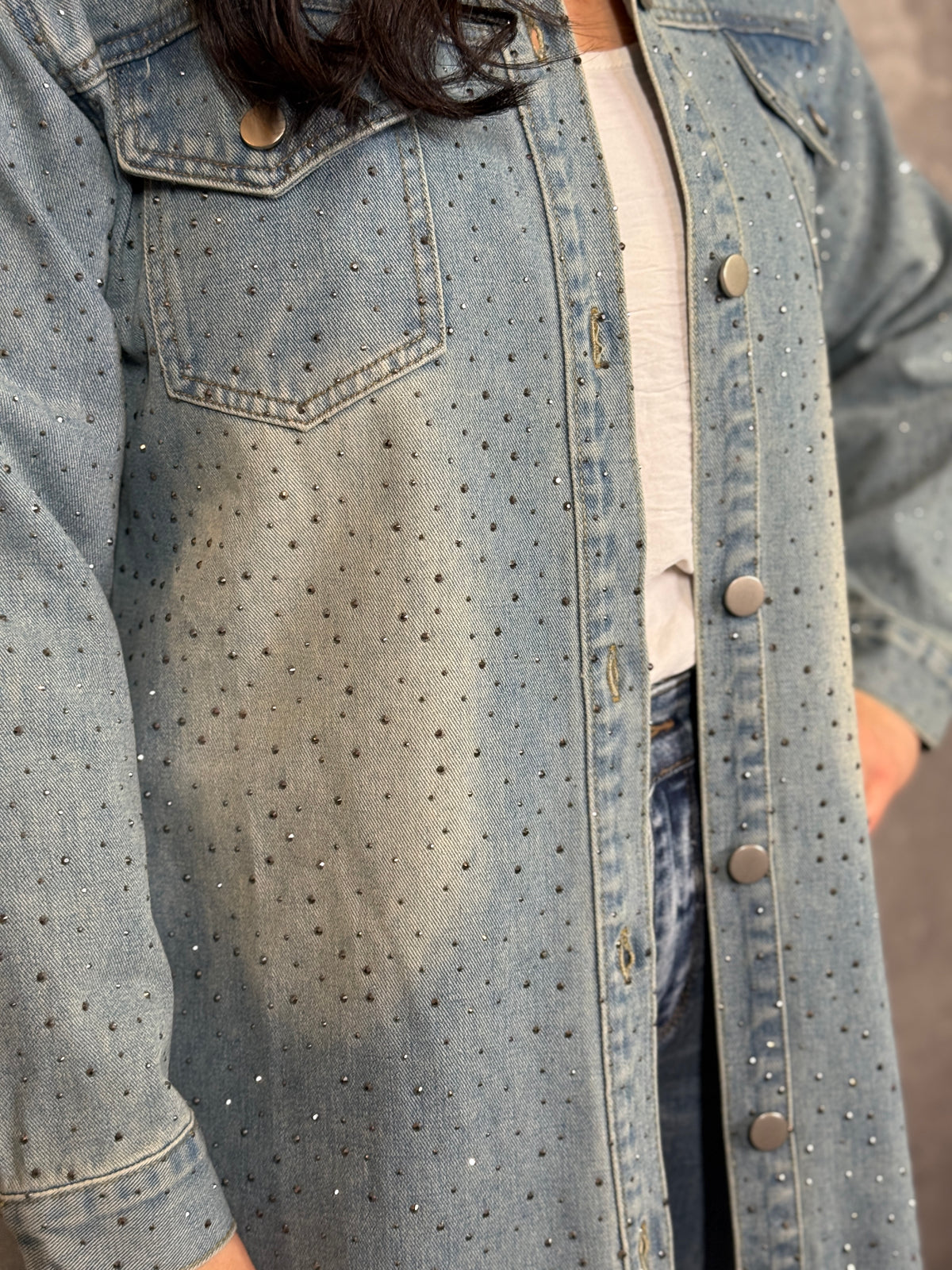 Longline Studded Denim Jacket/Overlay (Small - 3X)