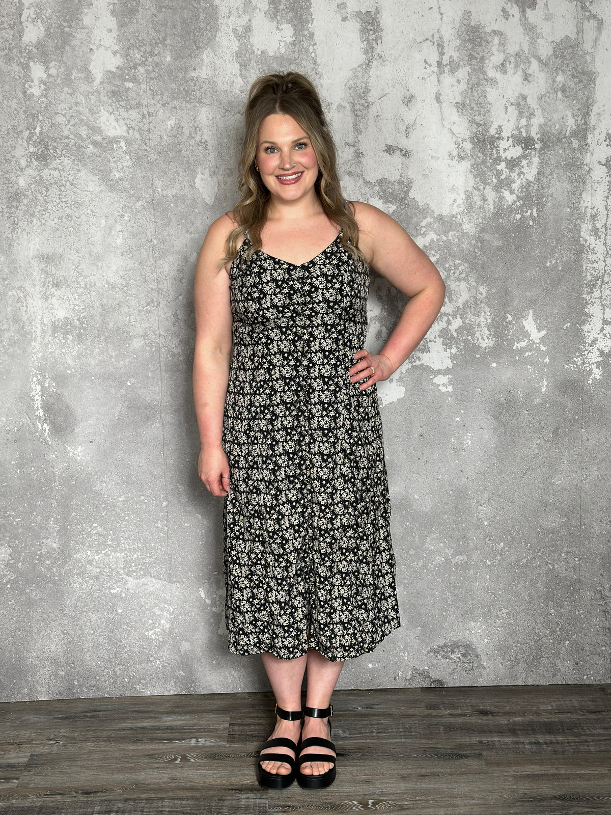 Button Front Detail Back Tie Midi Dress (Small - 3X)