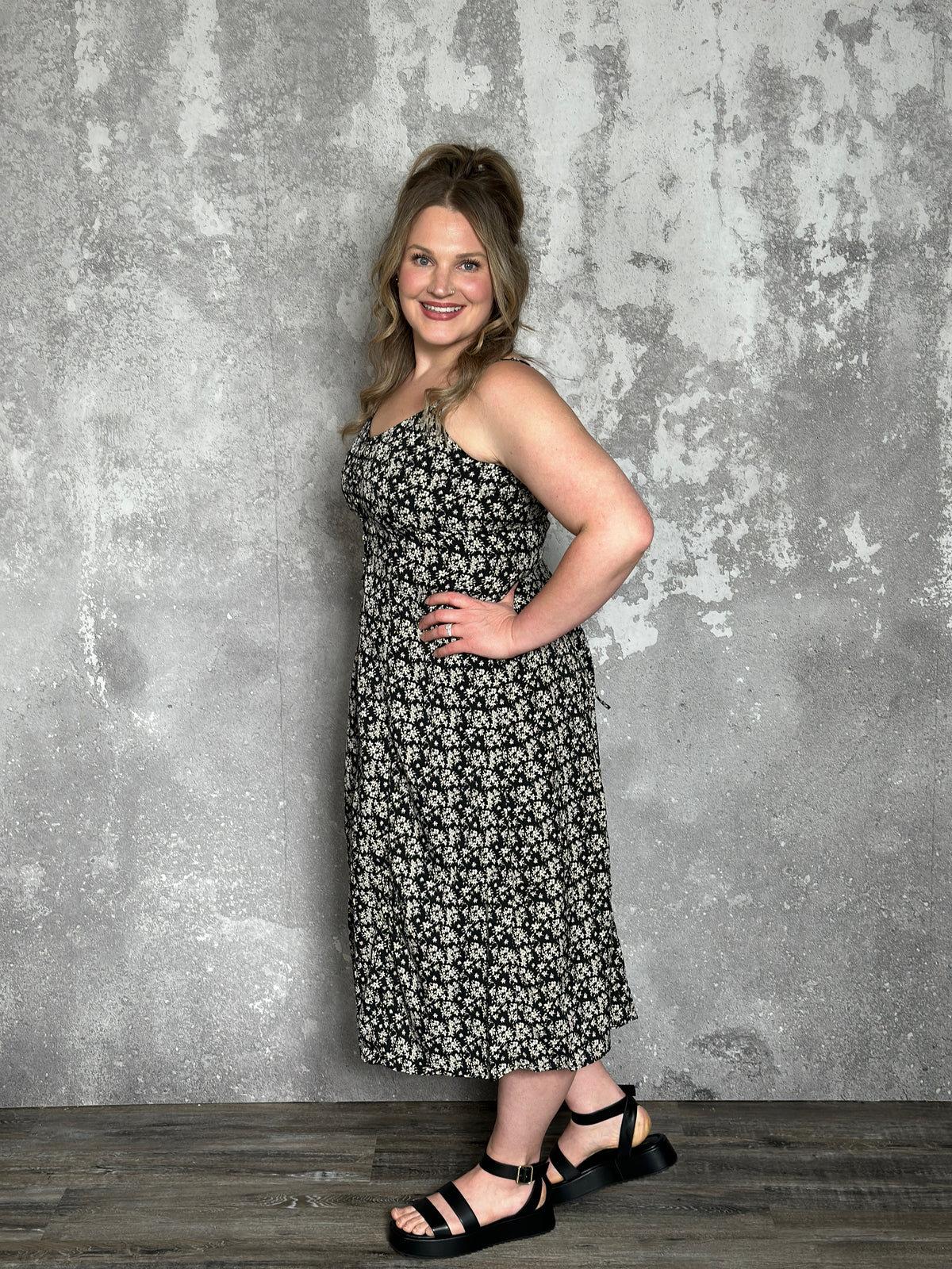 Button Front Detail Back Tie Midi Dress (Small - 3X)