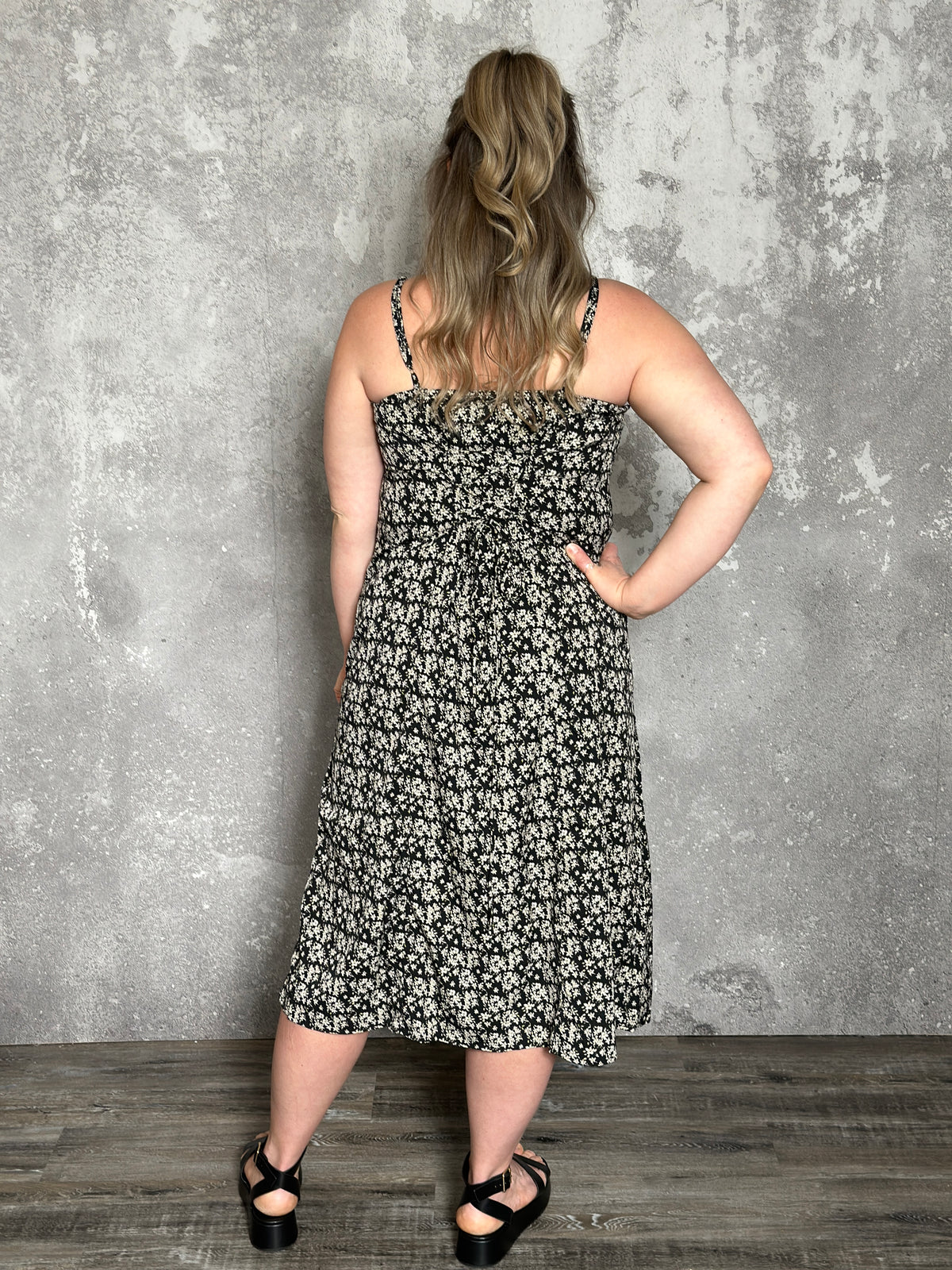 Button Front Detail Back Tie Midi Dress (Small - 3X)