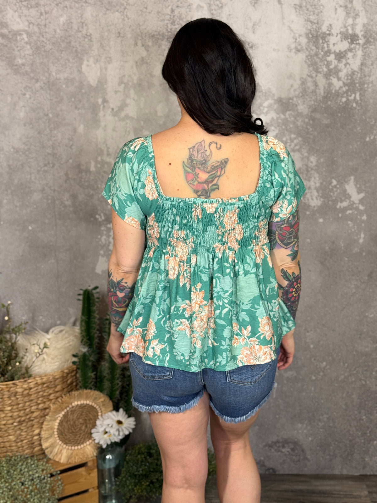 Green/Orange Floral Babydoll Top