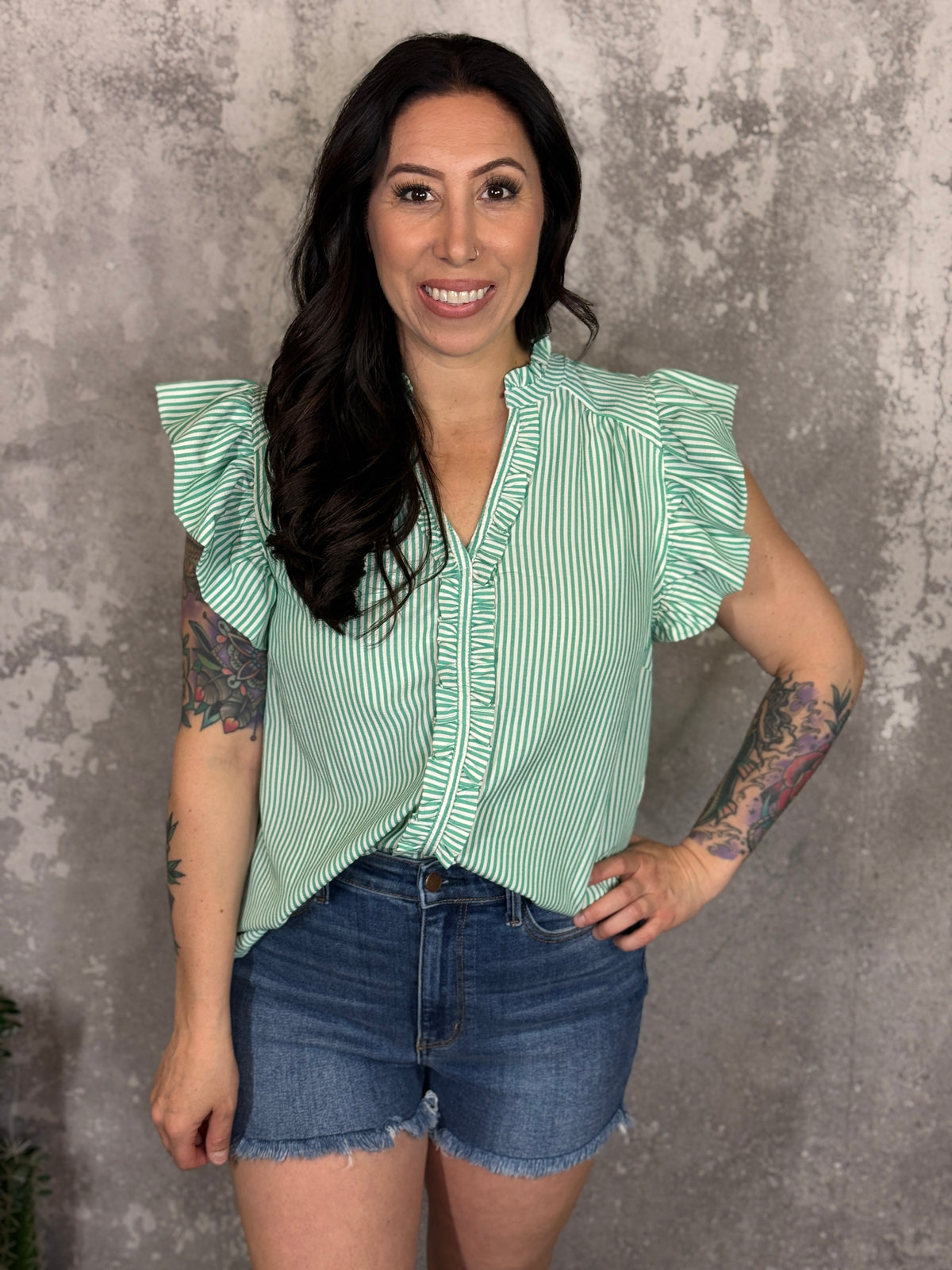 Seersucker Ruffle Top- Green  (Small - 2X)