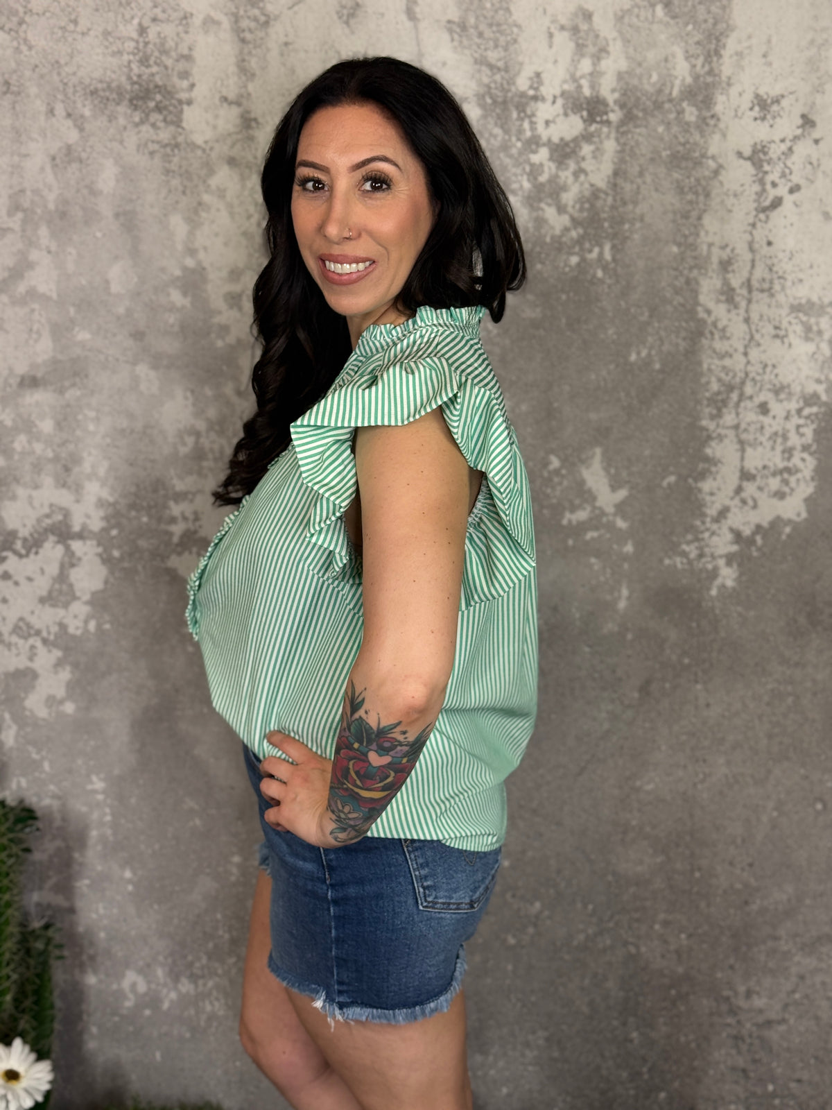 Seersucker Ruffle Top- Green  (Small - 2X)