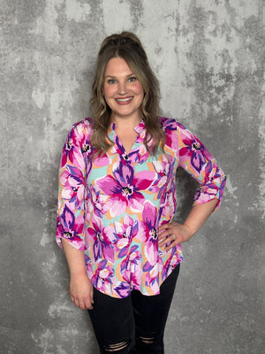 The Wrinkle Free Lizzie Top - Large Pastel Floral (Small - 3X) FINAL SALE
