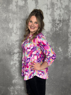 The Wrinkle Free Lizzie Top - Large Pastel Floral (Small - 3X) FINAL SALE